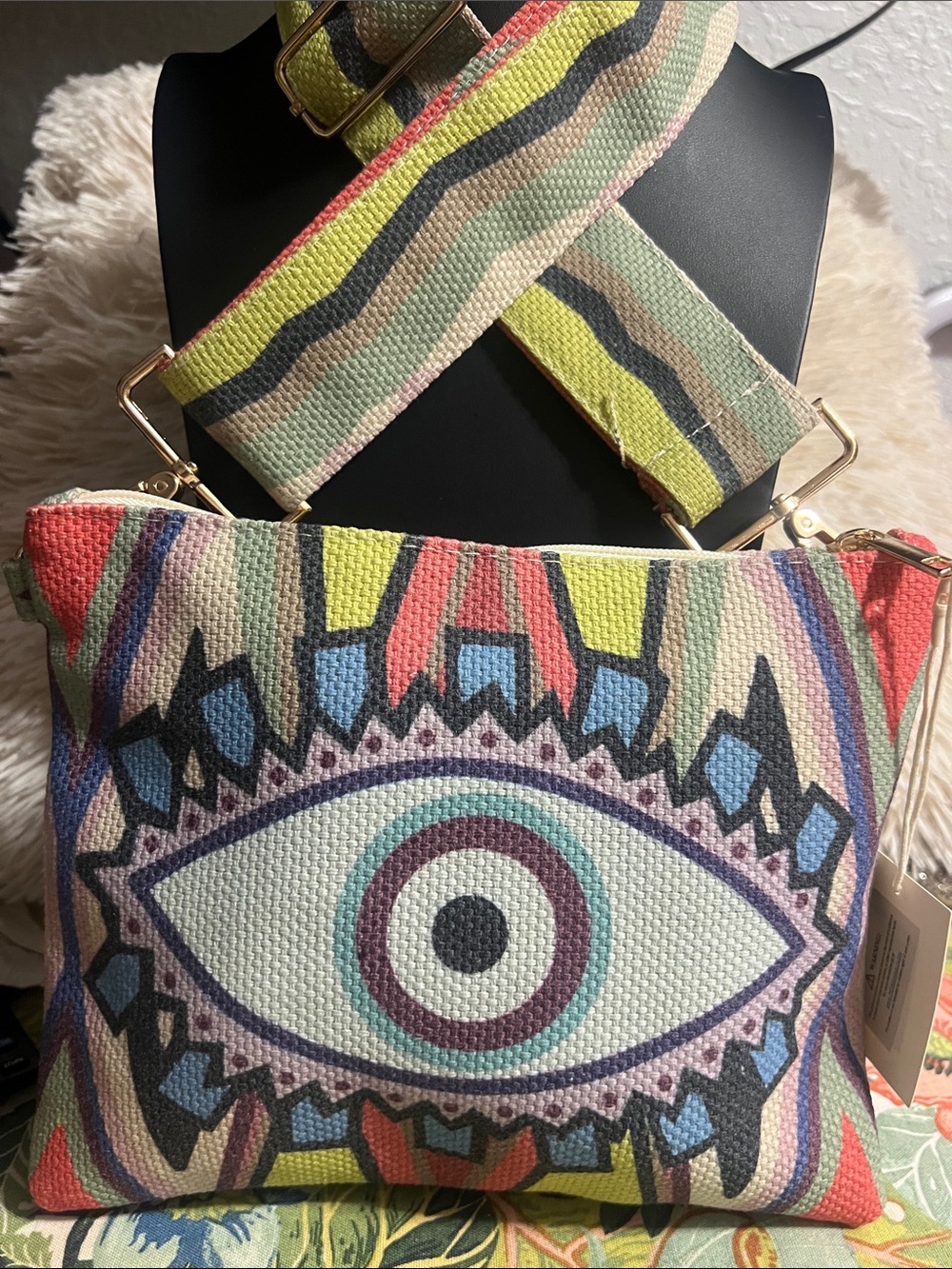 Boho Evil Eye-Pattern Canvas Crossbody Bag in Multicolor